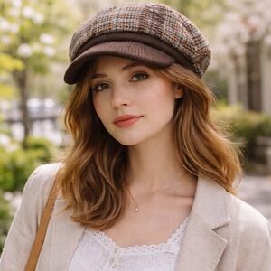 Maurices Newsboy Cap Brown Blue Plaid Ribbed Knit Brim Baker Boy Hat NWT One Sz